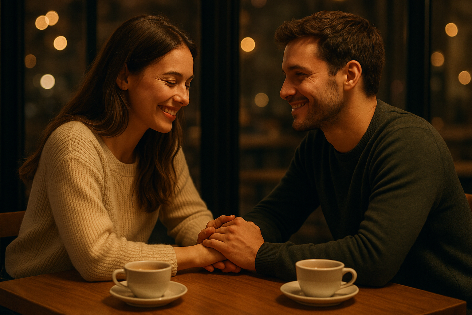 Couple sitting across from each other, smiling softly